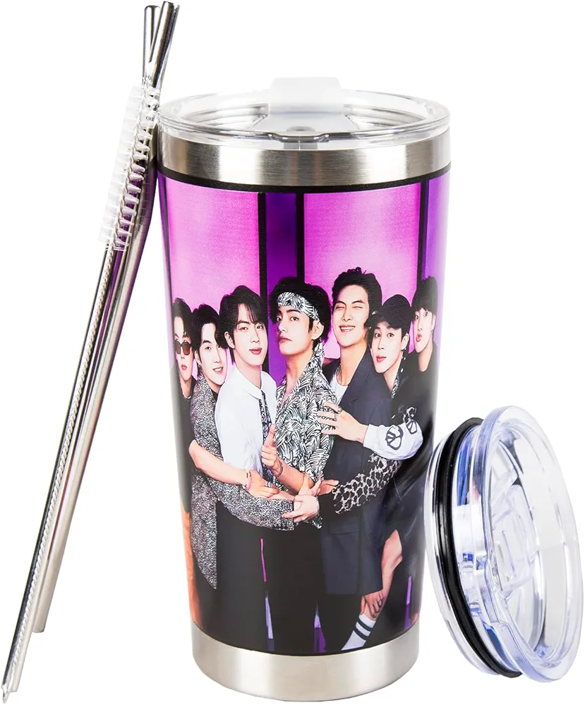 20OZ Bangtan Boys Water Bottle，Stainless Steel Vacuum Insulated Tumbler,Insulated Coffee Mug Water Cup with Leak-Proof Straw Lid & Flip Lid,2 Metal Straws,1 Cleaning Brush