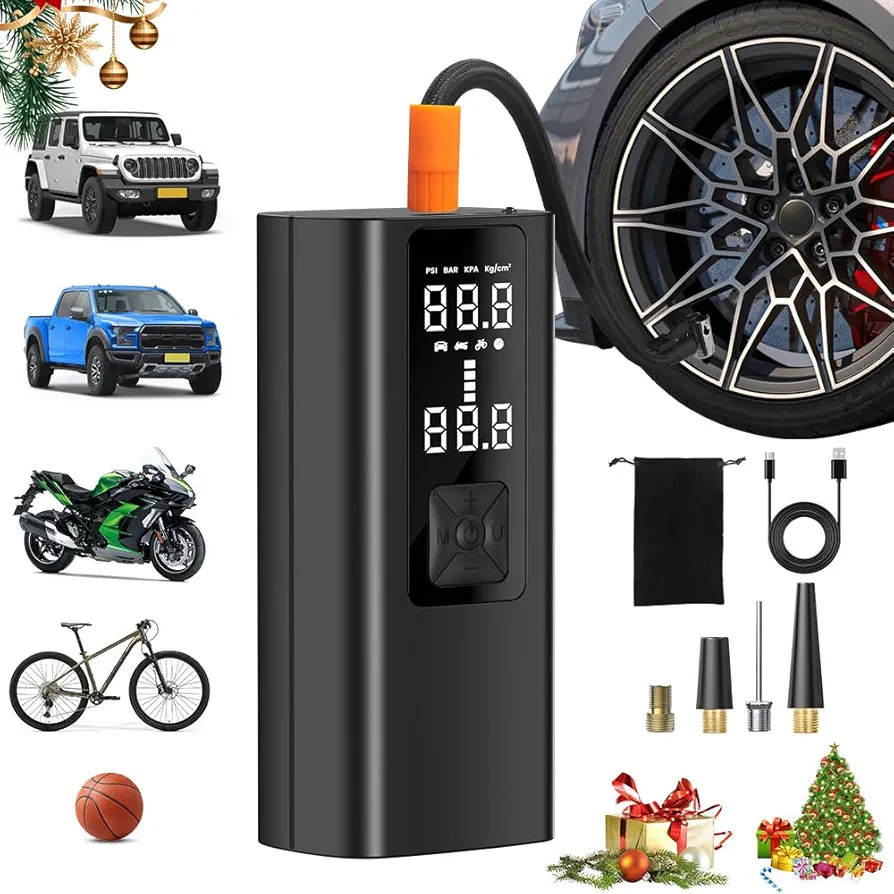 Tire Inflator Portable Air Compressor, 150PSI Rechargeable Air Pump with LED Light & Digital Pressure Gauge, Cordless Car Pump for Cars, Bike & Motorcycle Tires, Balls, Christmas Gift, Gifts for men