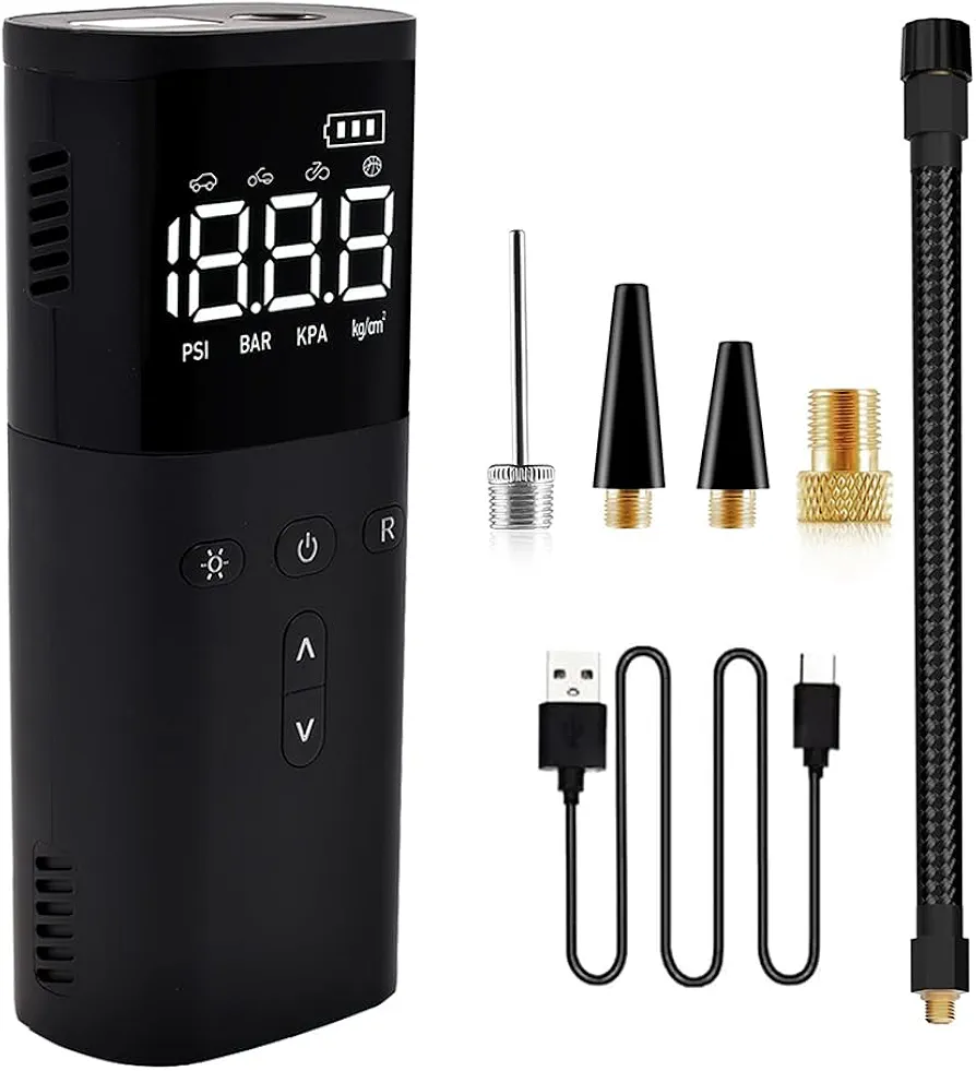 Tire Inflator Portable Air Compressor, Cordless Tire Inflator with Pressure Gauge, LED Light, Rechargeable, Auto Off, Bike Pump For Car, Bicycle, Motorcycles, Ball