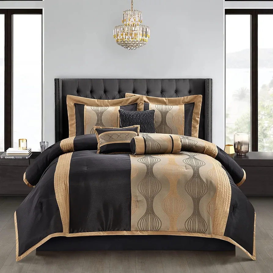 Grand Avenue Elegant Black and Gold Comforter Set,Striped, 7 Pieces Jacquard Bedding Sets with Comforter for All Season, Bed Skirt, Pillows & Shams, Queen Size, Lightweight Microfiber