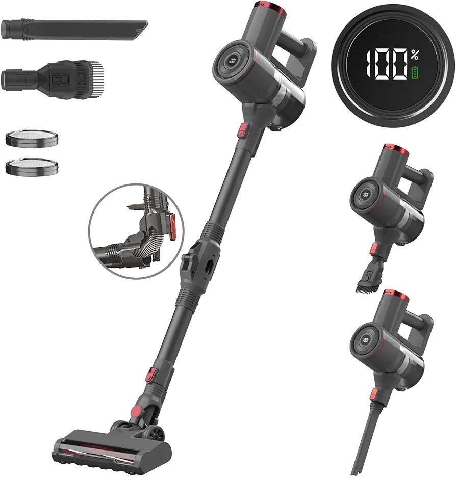 Cordless Vacuum Cleaner with Bendable Wand, Lightweight Stick Vacuum for Home Hardwood Floor Carpet Pet Hair, 6 in 1 Handheld Vacuum, LED Display, LED Headlight, Self-Standing, Rechargeable