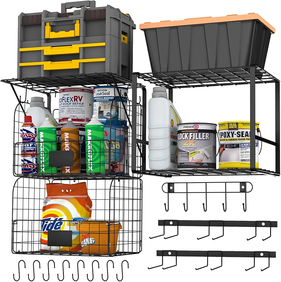 Garage Shelves Wall Mount with Wire baskets, 8-IN-1 Heavy Duty Garage Wall Shelving with Garden Tool Rack 2pack & 6pcs Hooks, Wire Shelf Baskets Tool Shelves for Home Garage Garden Storage