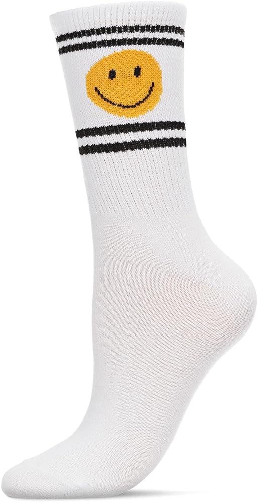 MeMoi Women's Smiley Face Athletic Double Stripe Crew Sock