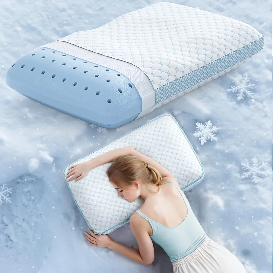 Cooling Memory Foam Pillows - Extra Soft Neck Pillow for Sleeping - Comfortable Memory Foam Neck Pillow with Machine Washable Cover for Back Side Stomach Sleepers (Blue)