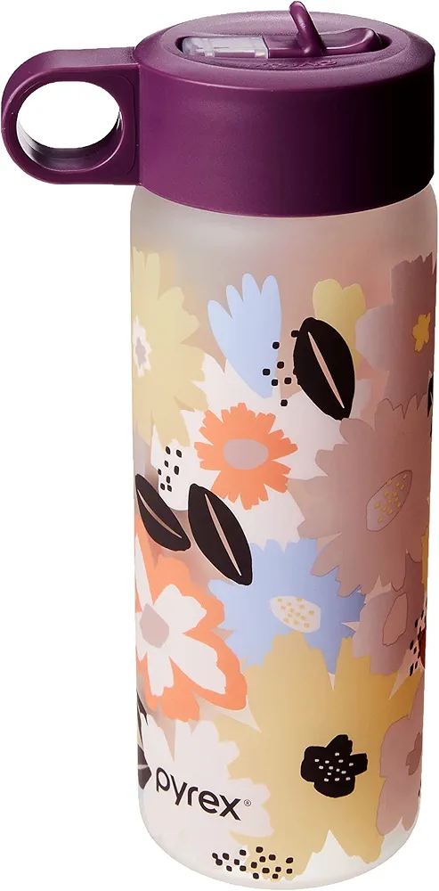 Pyrex 24-Oz Color Changing Water Bottle with Flip-Top Lid, Leakproof and Textured Glass Reusable, Eco-Friendly, BPA-Free Silicone Coating, Happy Floral