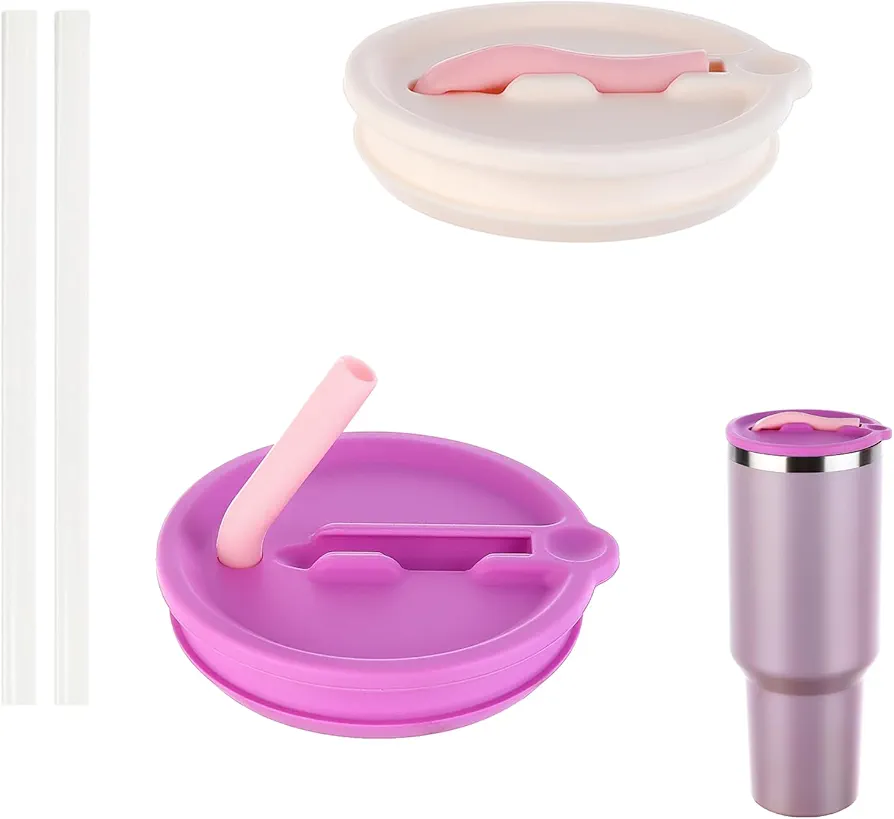 2 Pack Replacement lids for 40 oz Stanley Cup Leak Proof Cover Lid with Silicone Straw Splash Resistant Tumblers Cap Replacement Flip Lid for Stanley Quencher, White & Purple