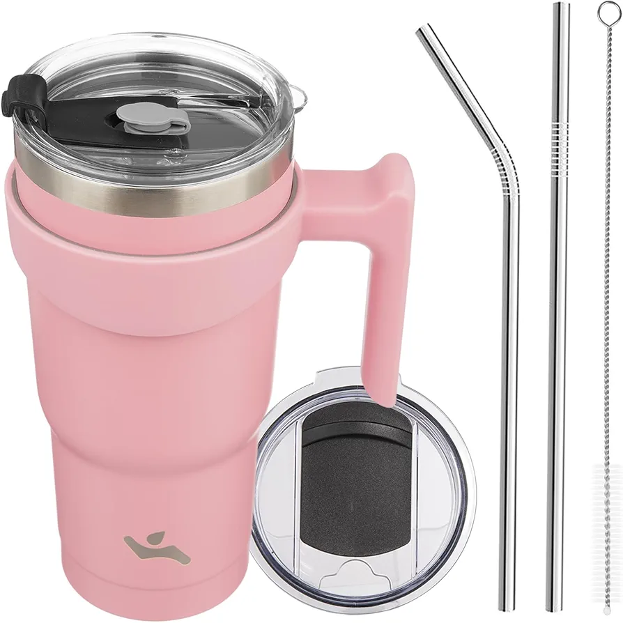 20 oz Tumbler with Handle and 2 Straw 2 Lid, Insulated Water Bottle Stainless Steel Vacuum Cup Reusable Travel Mug, Light Pink