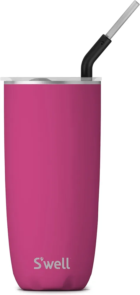 S'well Stainless Steel Tumbler with Straw and Slide-Open Lid, 24oz, Azalea Pink, Triple Layered Vacuum Insulated Containers Keeps Drinks Cold for 18 Hours and Hot for 5, BPA Free