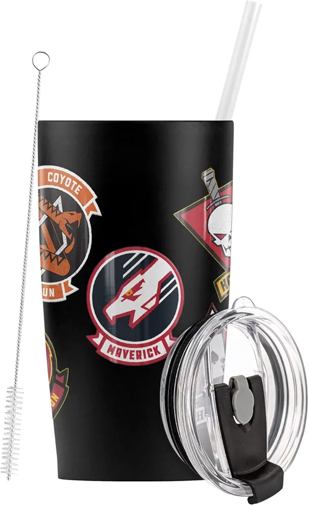 Logovision Top Gun: Maverick Badge Stainless Steel Tumbler with Straw and Flip Lid 20 oz Travel Mug/Cup, Vacuum Insulated & Double Wall with Leakproof Dual Lid