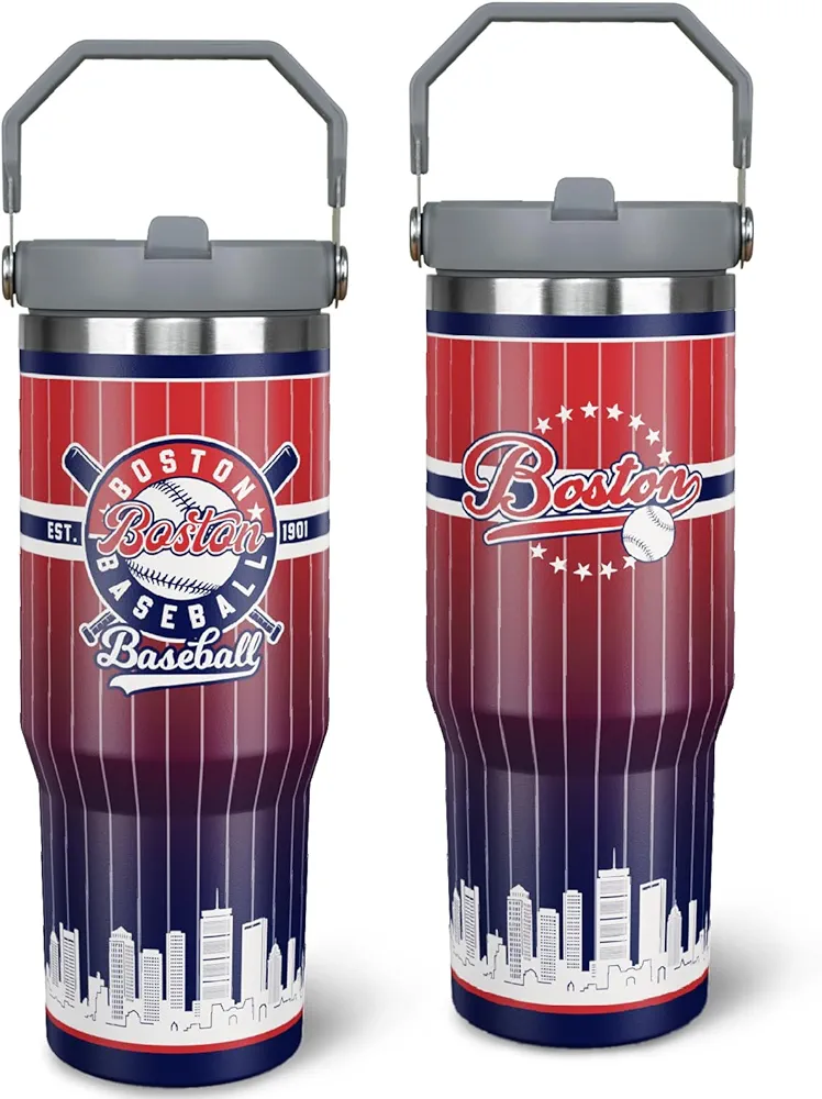 30oz Boston Tumbler with Handle and Straw, Boston Gifts for Men, Stainless Steel Vacuum Insulated Flip Straw Spill Proof Travel Mug Cup