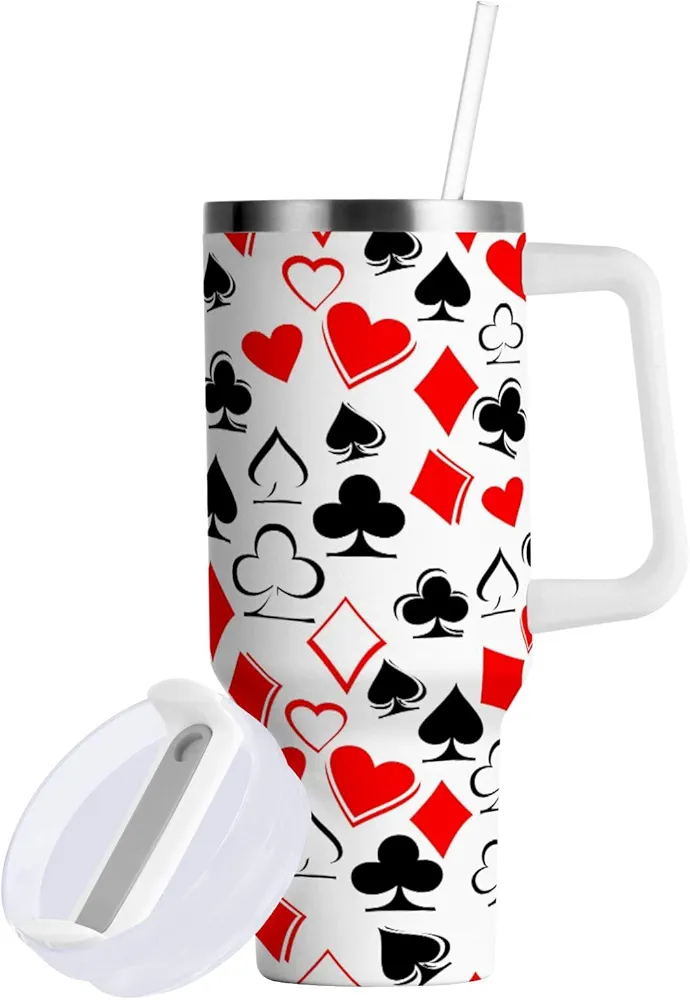 Playing Card Suits Insulated Tumblers Reusable Stainless Steel Tumbler 40 oz Cup Coffee Travel Mug Water Bottle with Handle & Flip Straw for Home Office Car