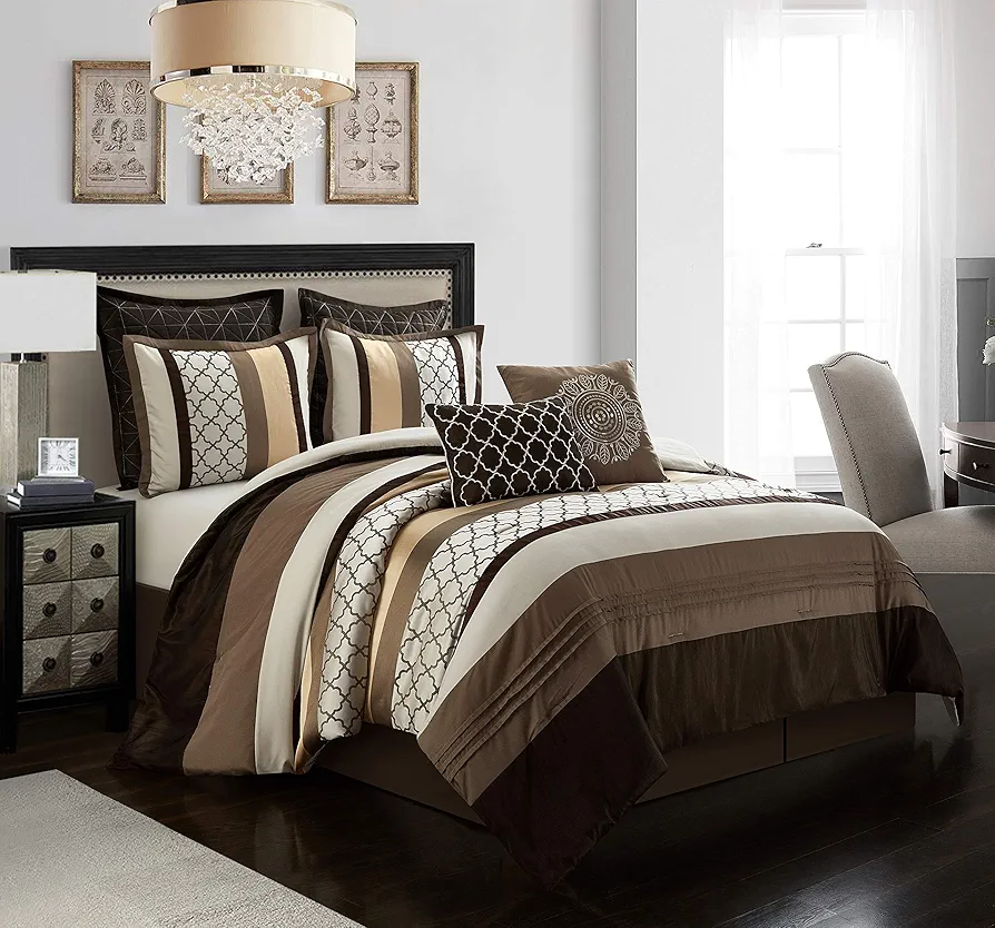 Grand Avenue Brown Comforter Set Queen, 8 Pieces Bed in a Bag, Lightweight Microfiber, Ultra-Soft, Jacquard Premium Bedding Set, Striped Design