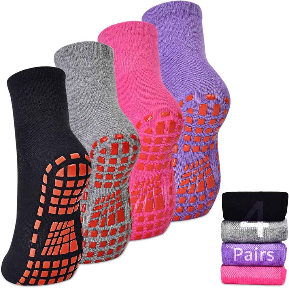 HYCLES Women Grips Socks Non Slip Pilates Yoga Socks with Grippy Barre Athletic Workout Hospital Socks 4 Pairs