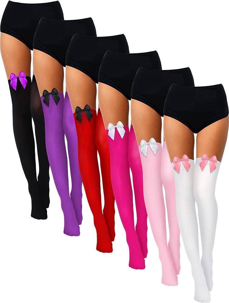 Geyoga 6 Pairs Satin Bow Stockings Women Thigh High Stockings Long Stockings Valentine's Day Socks for Women