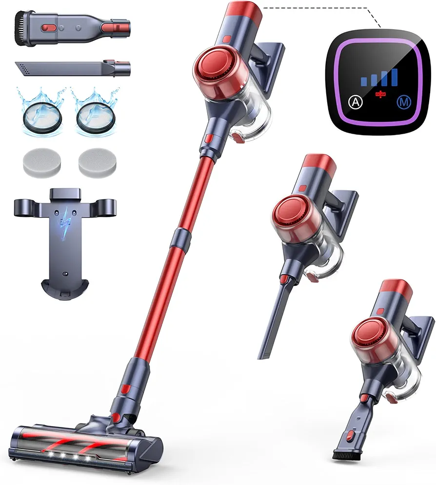 Cordless Vacuum Cleaner, 38Kpa Vacuum Cleaners for Home, Stick Vacuum with Charging Dock 450W Brushless Motor, Automatically Adjust Suction, Wireless Vacuum for Pet Hair/Carpet/Hard Floor, Red