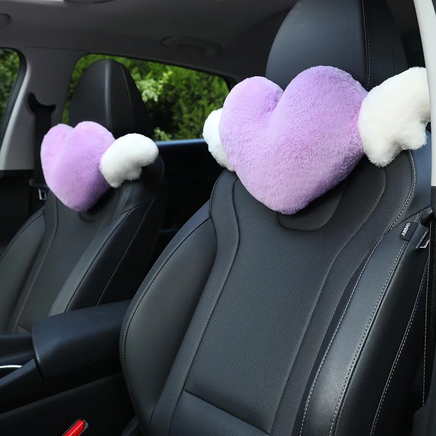 2 Pack Heart Shaped Cute Car Headrest Pillow with Angel Wings - Comfortable Soft Head Rest Cushion Kawaii Car Accessories Neck Pillow for Driving Travelling Office Home Decor - Lavender Love Heart