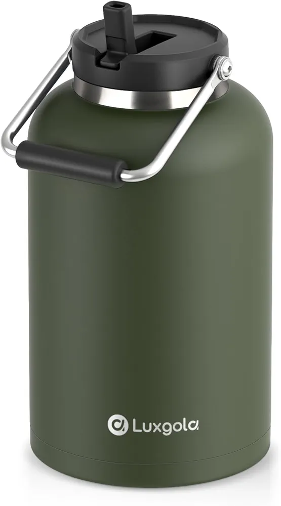 128 oz Insulated Water Jug with Straw Lid and Handle, One Gallon Stainless Steel Double Vacuum Water Bottle for Hot & Cold Drinks - Sweat Proof, Great for Travel, Hiking, Camping - Olive Green