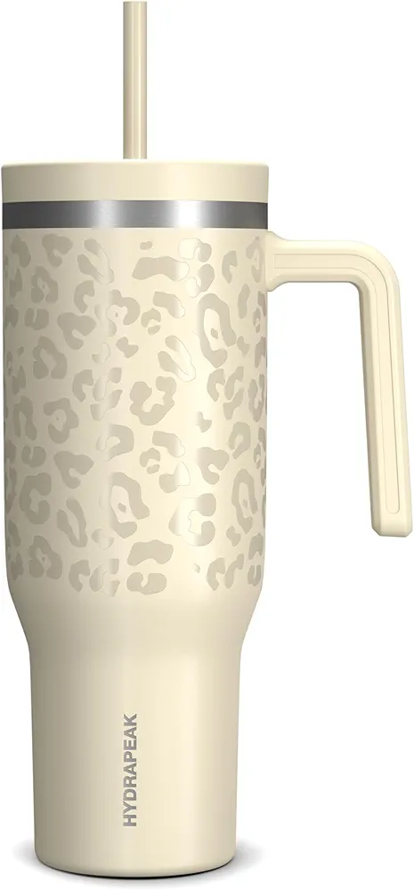 Hydrapeak Voyager 40 Oz Stainless Steel Tumbler with Handle, Insulated Water Bottle With Straw & Lid, Cupholder Friendly Reusable Travel Mug (Cream Leopard)