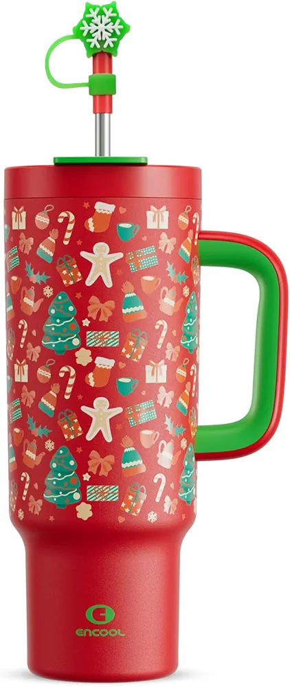 40 oz Christmas Tumbler with Handle and Straw, 100% Leakproof Tumbler with Lid and Straw, Stainless Steel Travel Coffee Mug, Keeps Cold for 34 Hours, Car Cup Holder Friendly (Red Christmas)