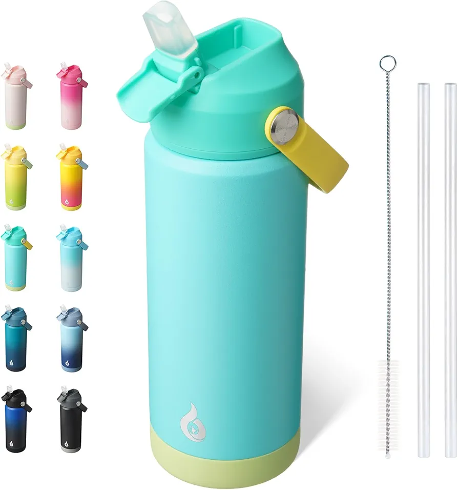 BJPKPK Insulated Water Bottle with Straw Lid, 18oz Thermos Water Bottles, Flex Handle & Non-slip Boot, BPA Free Leak Proof Stainless Steel Metal Water Bottles, Tumblers, Cups,Twilight Blue
