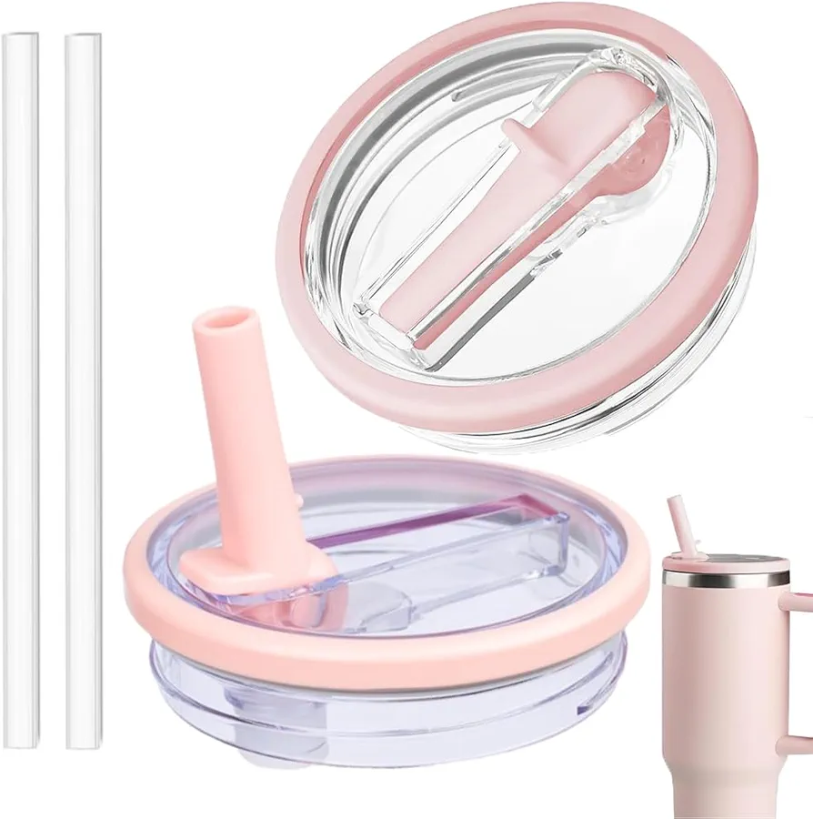 2 Pack 40 oz Tumbler Flip Straw Lid Replacement fit for Stanley Quencher, Spill Proof Tumbler Cover for Stanley Cup,Reusable Tumbler Cover,Flip Spill Stopper Lids (2PCS PINK)