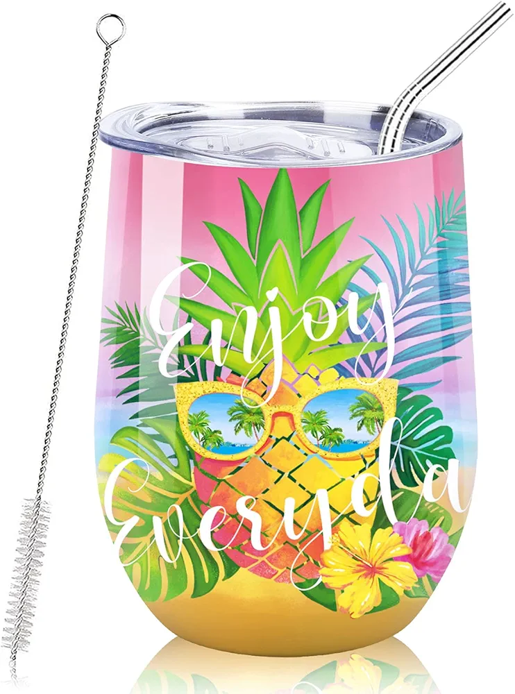 NymphFable 12oz Pineapple Tropical Cup Wine Tumbler with Straw and Lid Insulated Wine Glass Stainless Steel Double Wall