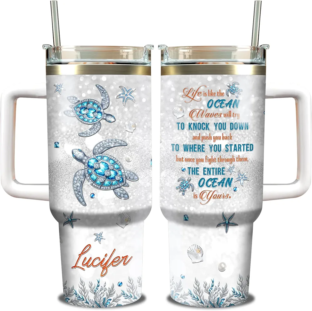 Personalized Sea Turtle Tumbler 40oz with Handle and Straw Custom Name Jewelry Style Life Is Like The Ocean Novelty Insulated Cup Stainless Steel Gifts for Women Animal Turtles Lovers