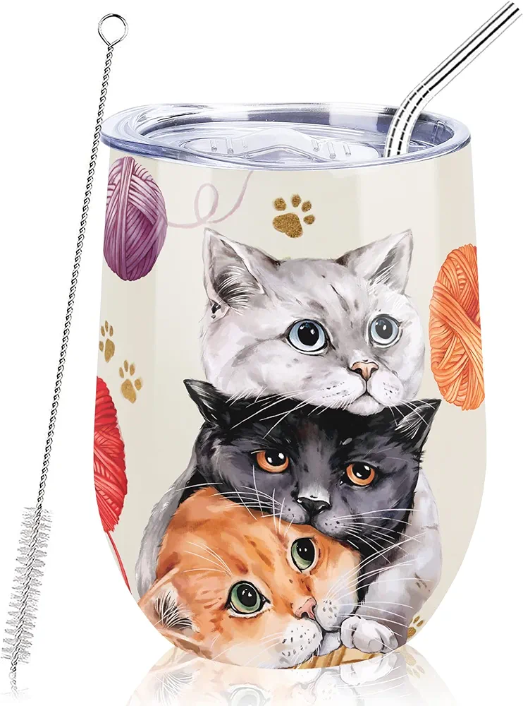 NymphFable 12oz Cat Cup Wine Tumbler With Straw and Lid Stainless Steel Travel Mug Insulated Double Wall