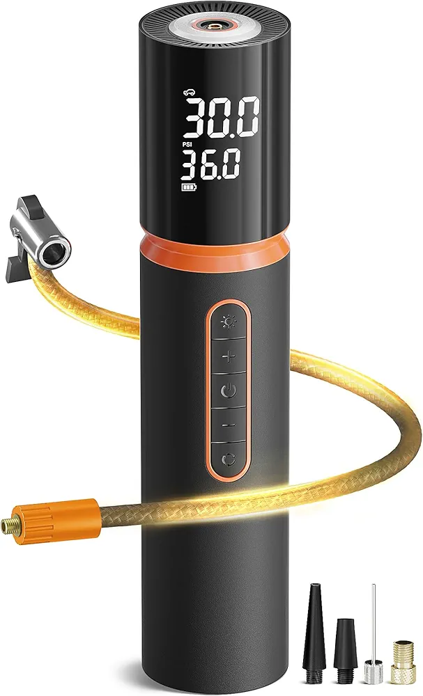 Tire Inflator Portable Air Compressor, Bike Pump, 150PSI Cordless Air Compressor with LCD Dual Screen and Auto Shut-Off, Air Pump with Pressure Gauge for Car, Motorcycle, Bicycle, Ball
