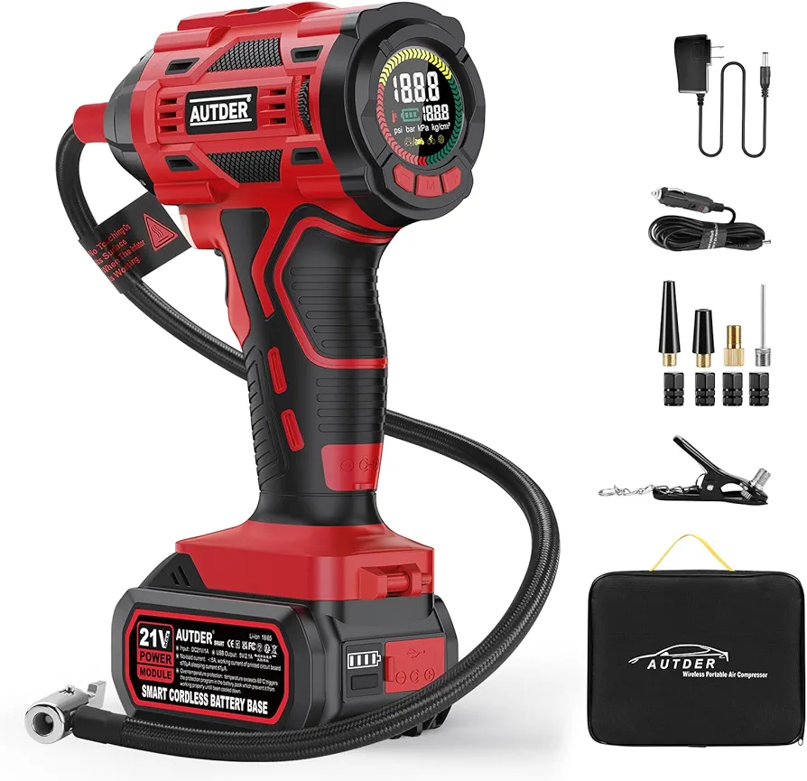 AUTDER Tire Inflator Portable Air Compressor, 21V Rechargeable 180PSI Battery-Powered Handheld Air Pump with Digital Pressure Gauge, 12V Car Adapter, for Cars, Motorcycles, Bikes, Red