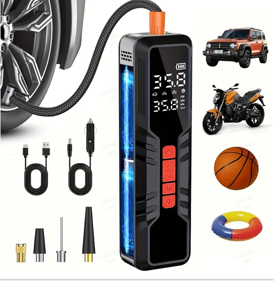 Tire Inflator Portable Air Compressor - Cordless Air Pump for Car Tires, 150PSI Portable Tire Inflator for Car, Electric Bike Tire Pump with Pressure Gauge, LED Light for Motorcycle, Bicycle, Ball