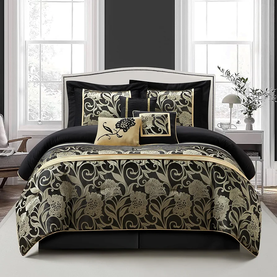 Grand Avenue Jacquard Floral Comforter Set, 7 Pieces Queen Black Bedding Set, Matching Pillows & Shams, Bed Skirt, Ultra-Soft, Lightweight Microfiber