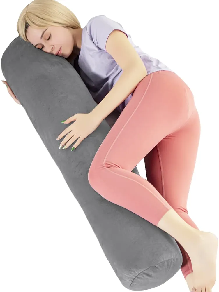 Body Pillow for Adults, Bolster Pillow with Removable Velvet Cover, Long Round Cervical Roll Pillow, 47¡± x 7.87¡±, Grey