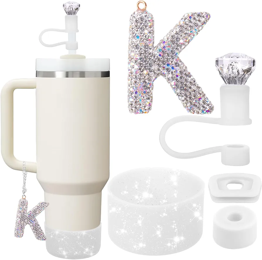 Mity rain Set for Stanley Cup Accessories, Letter Charm for Stanley Cup, Including Diamond Straw Topper, 2 Pcs Silicone Spill Proof Stopper, Sparkly Silicone Boot Set for Stanley Cup 40/30OZ (WHITE K)