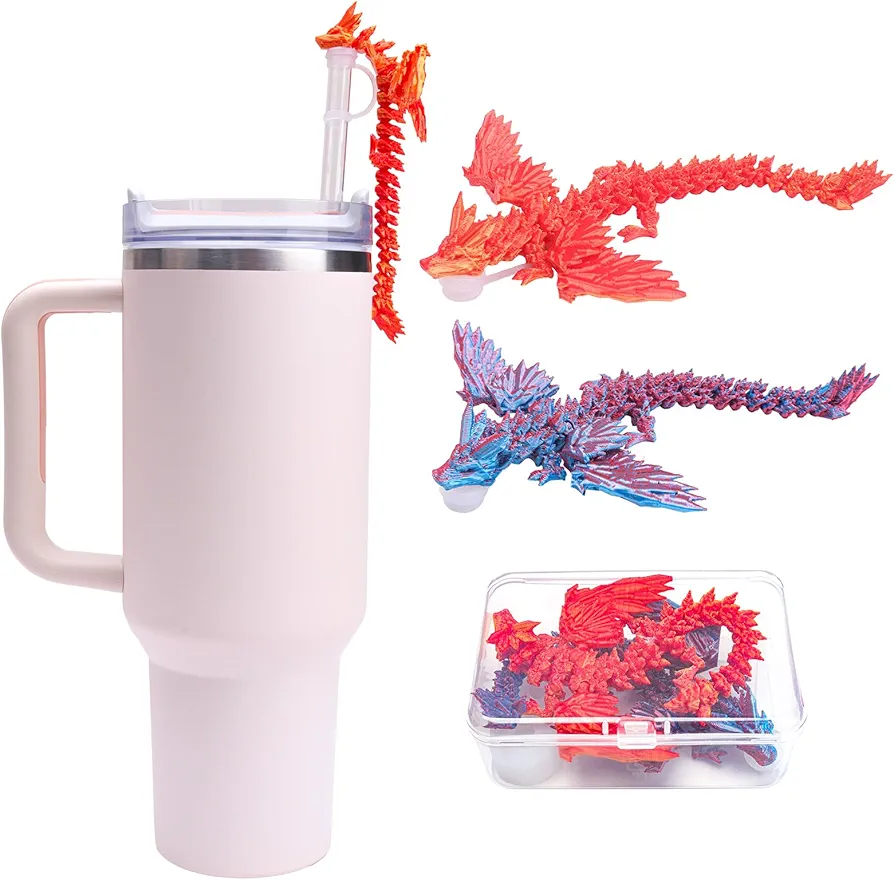 New 2Pack 3D Printed Dragon Straw Cover Cap Compatible with Stanley Straw, Colorful Silicone Straw Topper with Spill Stopper, Straw Covers Cap for Tumblers Including 2 Spill&Leak Stoppers