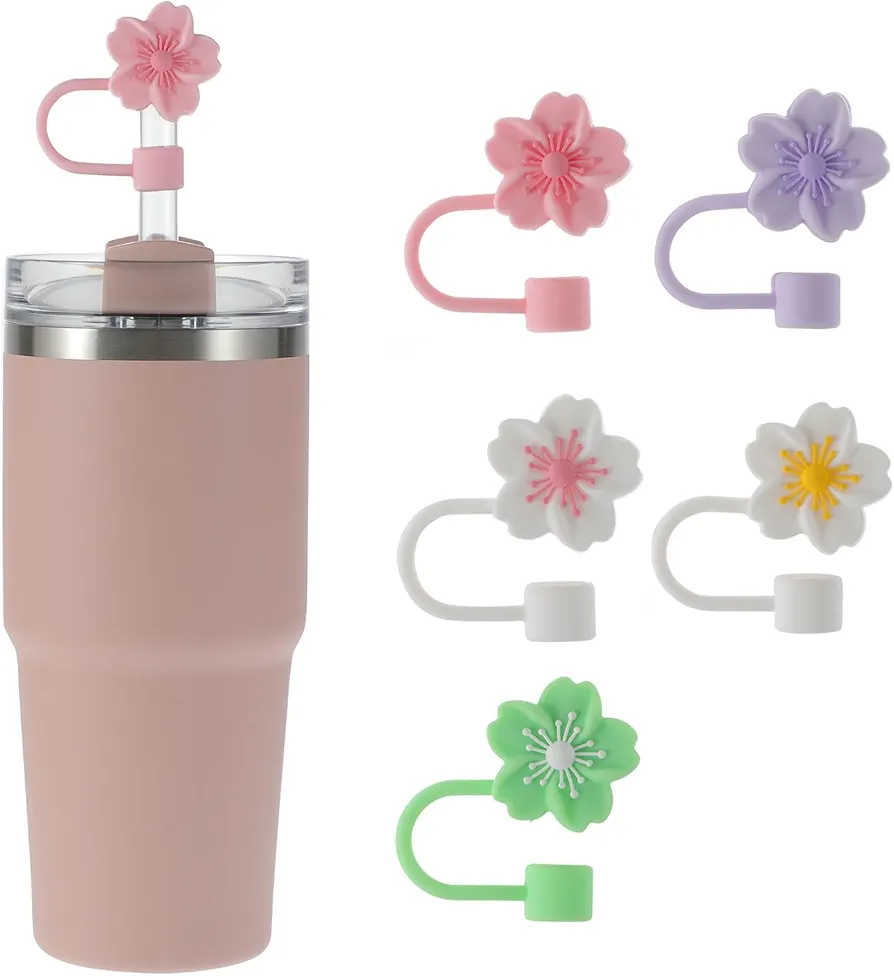 5 Pack 0.4 in Silicone Stanley Straw Covers，Easy to Clean Use Stanley Cup Accessories, Reusable Dust-Proof Protector Straw Topper (5 flowers)
