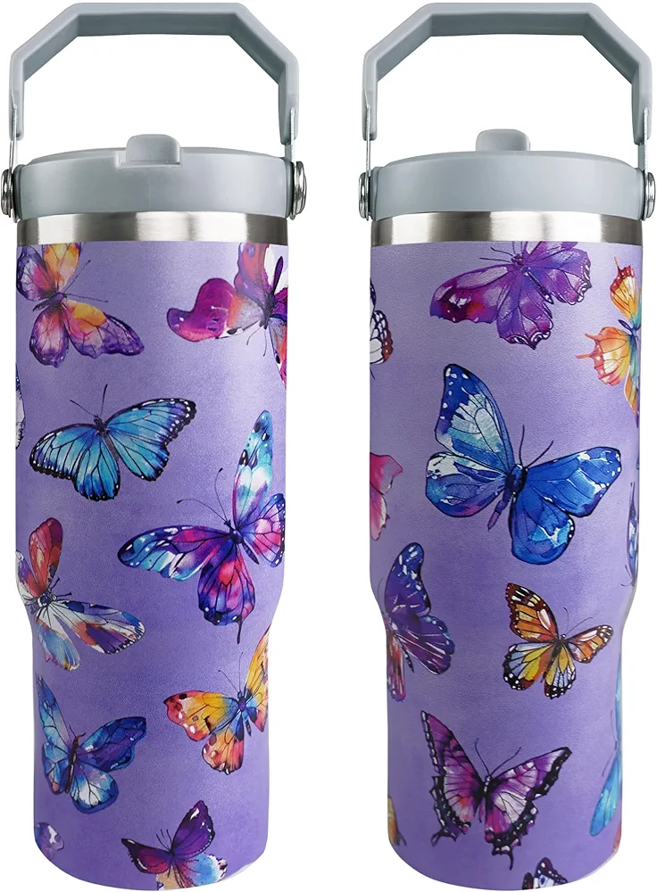 30oz Butterfly Tumbler with Handle and Straw, Butterfly Insulated Leak Proof Travel Coffee Mug, Reusable Stainless Steel Tumbler for Butterfly Lovers, Butterfly Gifts for Women