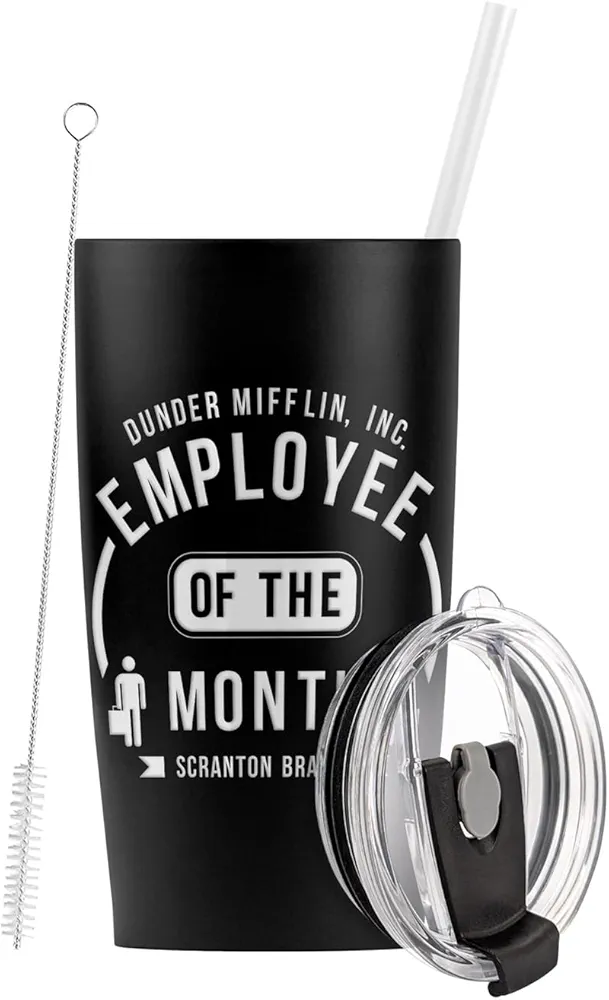 LOGOVISION The Office OFFICIAL Employee Of The Month Stainless Steel Tumbler with Straw and Flip Lid 20 oz Travel Mug/Cup, Vacuum Insulated & Double Wall with Leakproof Dual Lid
