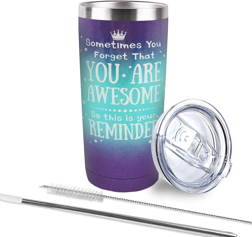 20 oz You Are Awesome Purple Glitter Stainless Steel Tumbler with Lid and Straw, Vacuum Double Wall Insulated Affirmation Coffee Cup, Inspirational Quote Travel Mug Gifts for Women Girls