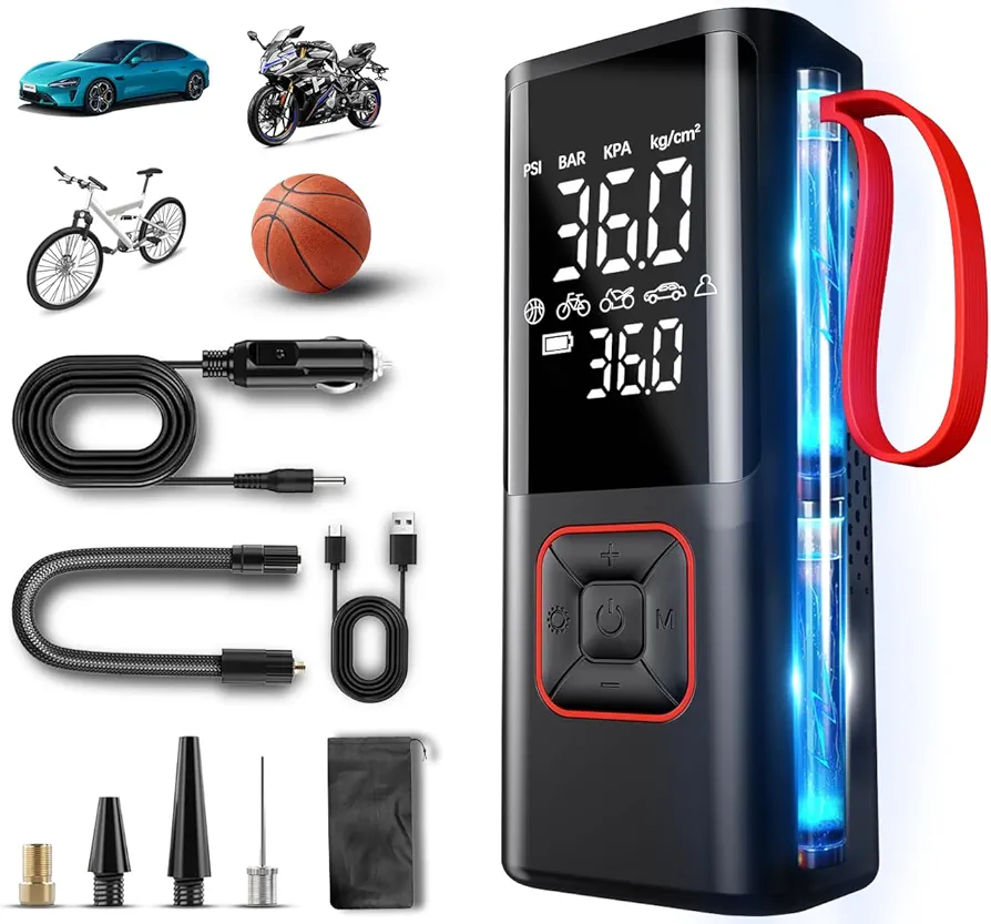 Tire Inflator Portable Air Compressor, portable tire inflator for car,4X Faster tire Inflation,portable bike tire pump with Pressure Gauge Light for Car Motorcycle Bike Ball