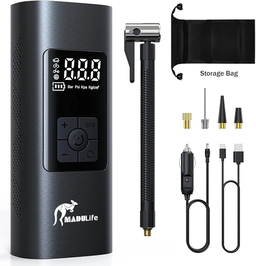 Portable Air Compressor Tire inflator with Digital Tire Pressure Gauge,150 PSI-6000mAh Air Pump, Car Tire Inflator, Motorcycle Tire Inflator, Bike Tire Pump, Ball Pump, Air pump for car Tires and More