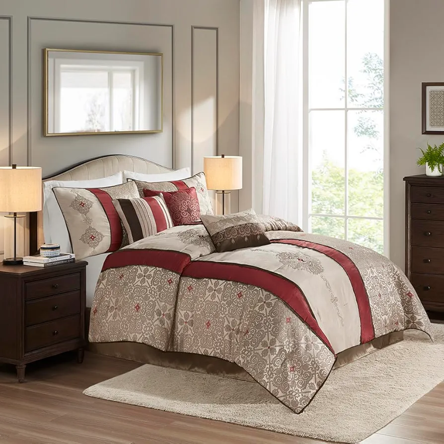 Queen 7 Piece Jacquard Comforter Set with Throw Pillows - Modern Colorblock Design, Embroidered Details, Easy Care