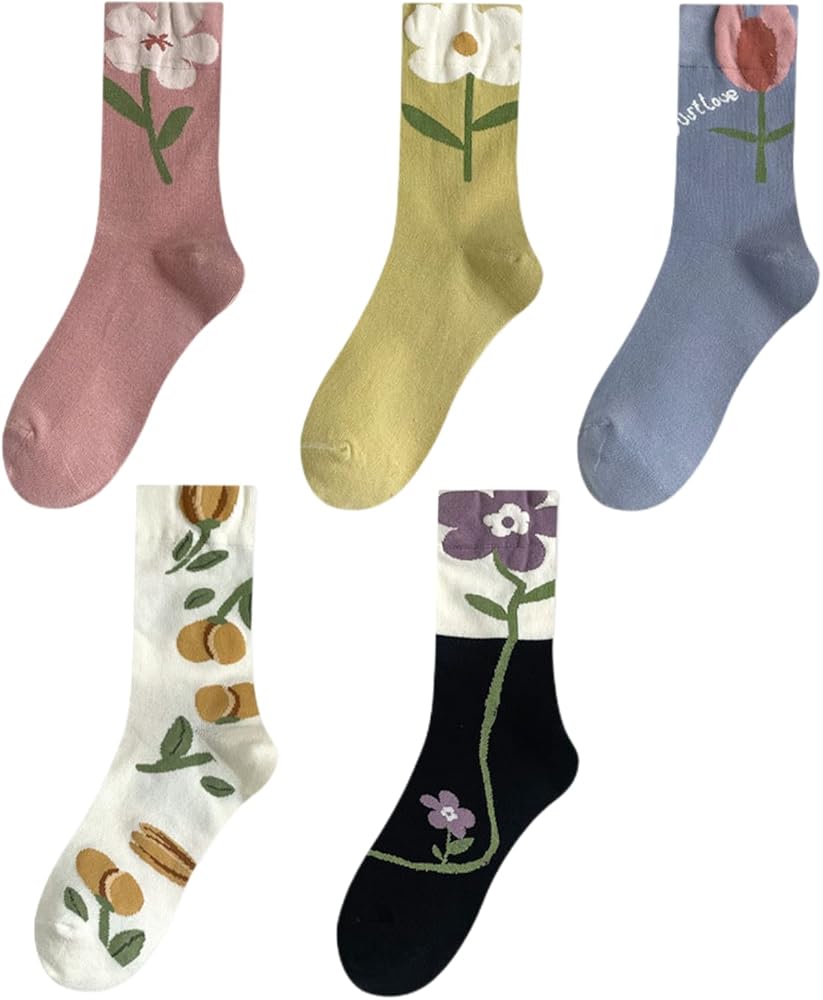 MeganJDesigns Cute Cotton Socks for Women and Girls, 5 Pairs Socks for Sports and Daily Wear