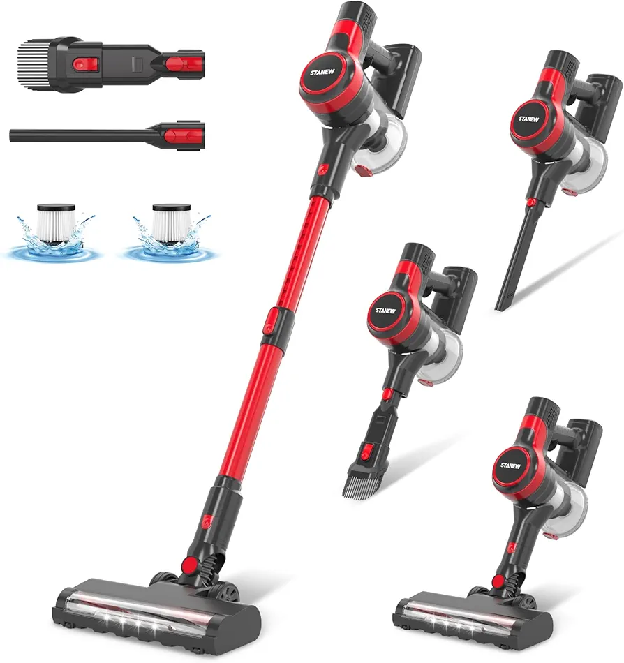 Stanew Cordless Vacuum Cleaner, 150W Wireless Vacuum Cleaner for Home, 4-in-1 Rechargeable Vacuum Cordless, LED Light, Powerful Suction, 40 Min Runtime, Vacuum for Carpet Hard Floor Pet Hair and Car