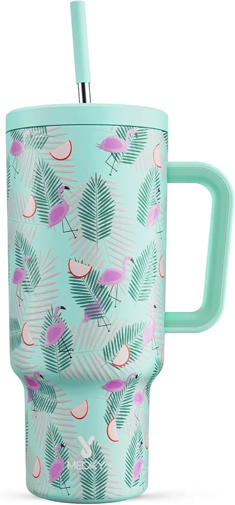 Meoky 40 oz Tumbler with Handle and Straw, Tumbler with Lid and Straw, Insulated Stainless Steel Travel Mug, 100% Leak-proof, Keeps Cold for 34 Hours or Hot for 10 Hours (Blue Flamingo)