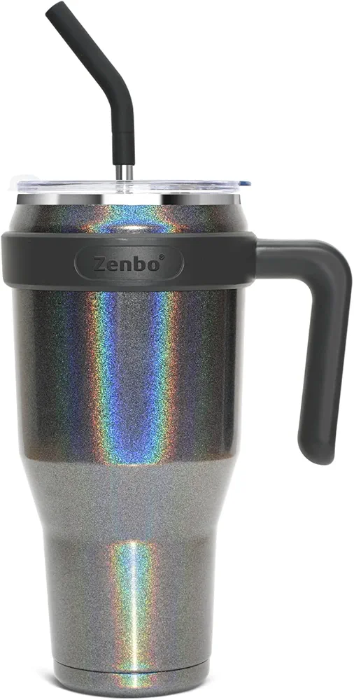 Zenbo 40 oz Glitter Tumbler with Handle, Leak-Proof Lid & Straw - Stainless Steel Insulated Cup, Keeps Cold for 34 Hrs, Car Cup Holder Compatible, Dishwasher Safe, BPA Free