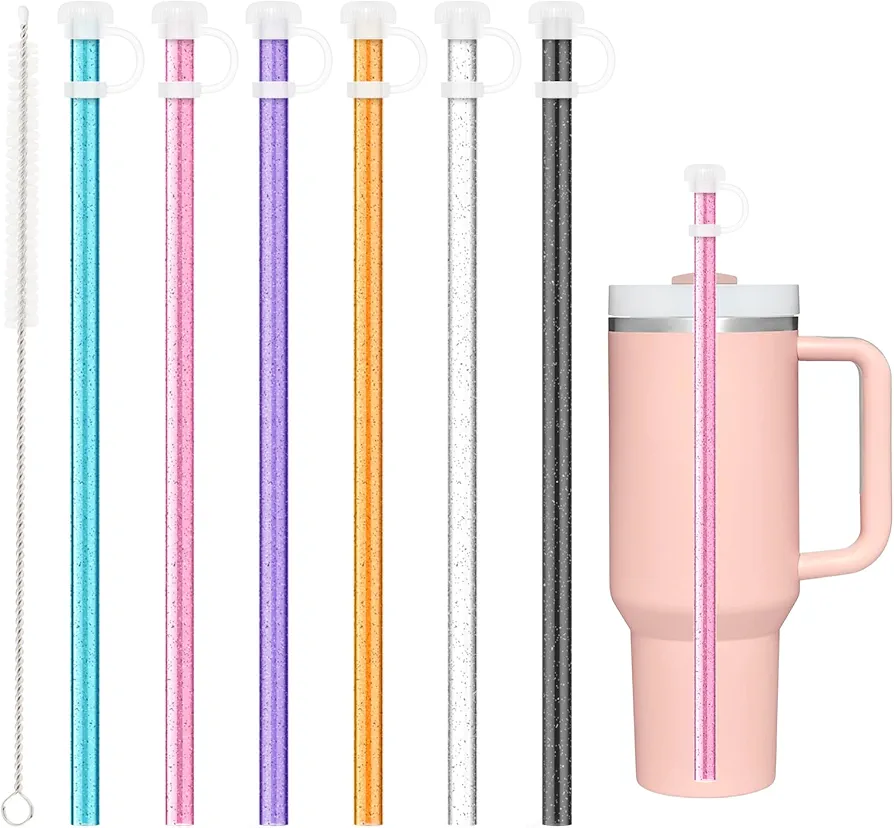 Replacement Straw with Cover Cap for Stanley Cup 40 oz 30 oz 64oz Tumbler, 6PCS Reusable Long Glitter Straw with Toppers for Stanley Cup Accessories, Dishwasher Safe, BPA Free