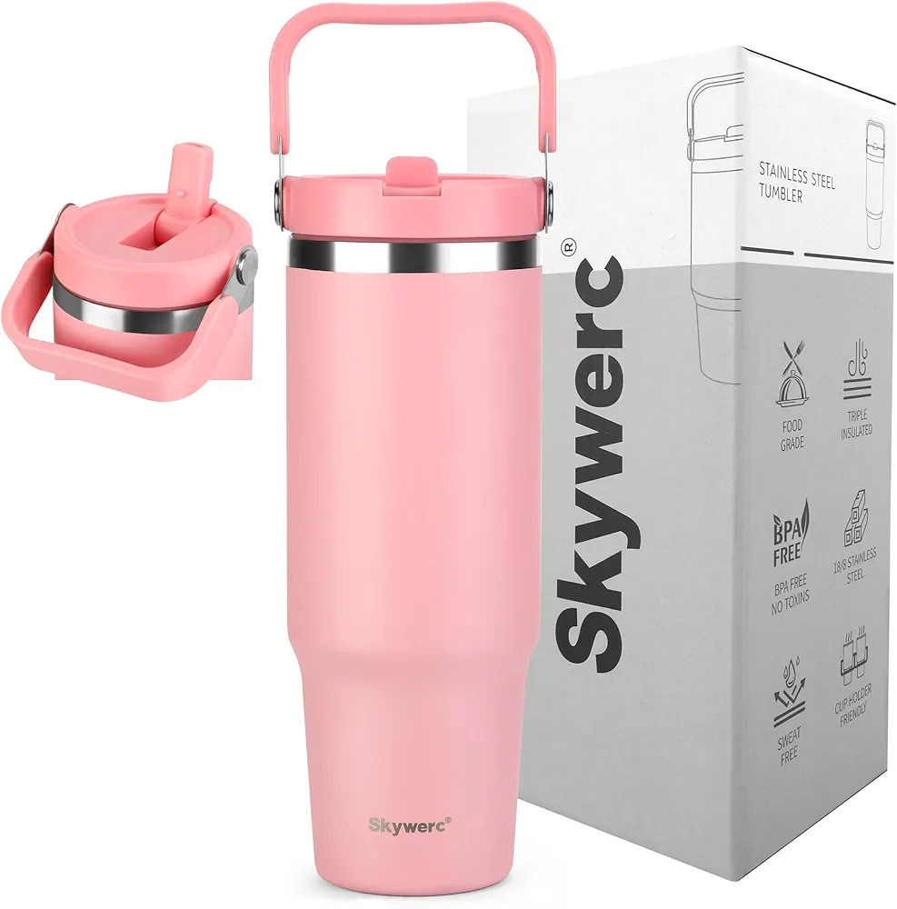 30 oz Tumbler with Handle | Vacuum Insulated Water Bottle with Lid and Flip Straw | Stainless Steel Travel Coffee Mug Reusable Thermal Cup | Keeps Cold for 30 Hours | Gifts for Women Mom Her | Pink