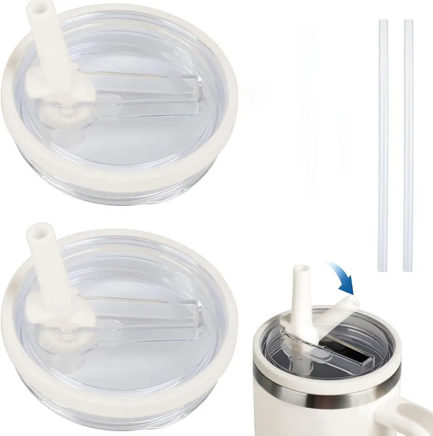 2 Pack 40 oz Tumbler Flip Straw Lid Replacement fits Stanley Quencher, Leak Proof & Spill Proof Tumbler Top Reusable Cover for Stanley Cup(Cream White)