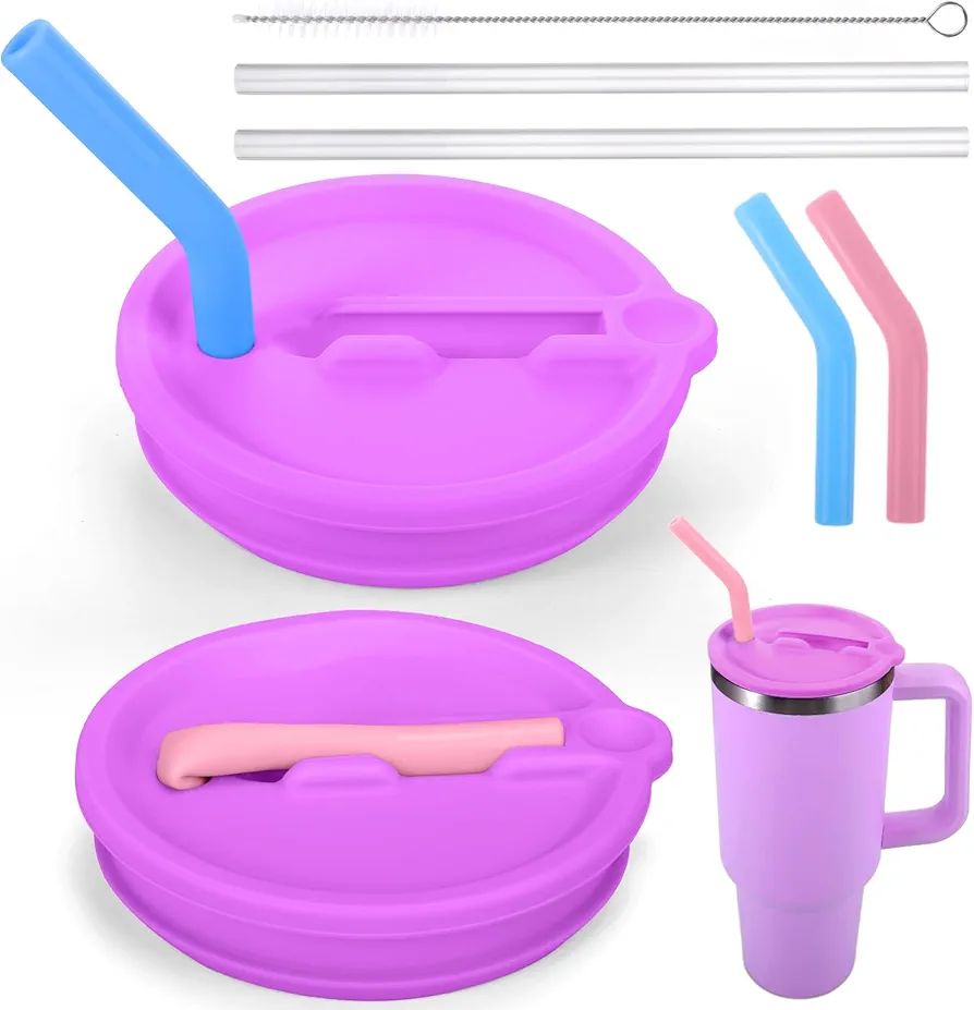 Mity rain 2PCS Silicone Tumbler Flip Straw Lid for Stanley Cup 40OZ, Spill Proof Lid Compatible with Stanley Quencher Flip Straw Lids for Stanley Cup Lid Replacement (Purple)